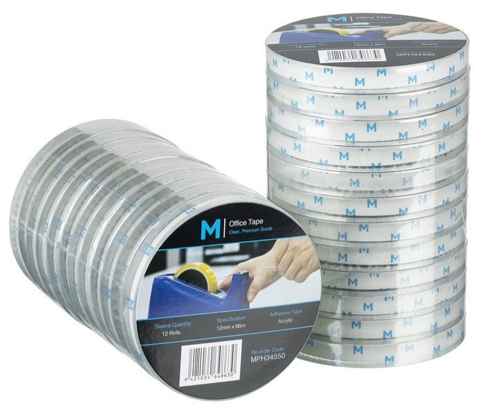 Acrylic Office Tape - Clear, 12mm x 66m x 45mu, 76.2mm Core - *Large Core - Essential Supplies - Office Tape