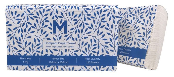 Compact Paper Towel - White, 1 Ply, 200mm x 250mm, FSC Mix® - 20 Packs - Essential Supplies - Folded Paper Towels