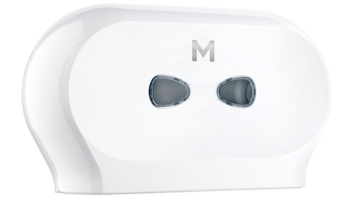 Double Mini Jumbo Roll Dispenser - White, 2 Roll Capacity - 1 Dispenser - Essential Supplies - Toilet Tissue Dispensers