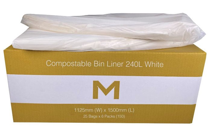 FP Compostable Bin Liner 240L - White, 1125mm x 1500mm x 30mu - 150 Pack - Essential Supplies - Compostable Bin Liners