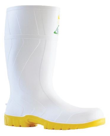 Industrial PVC Gumboots - White/Yellow, Size 12 - *Steel Toe Cap + Steel Midsole - Essential Supplies - Gumboots