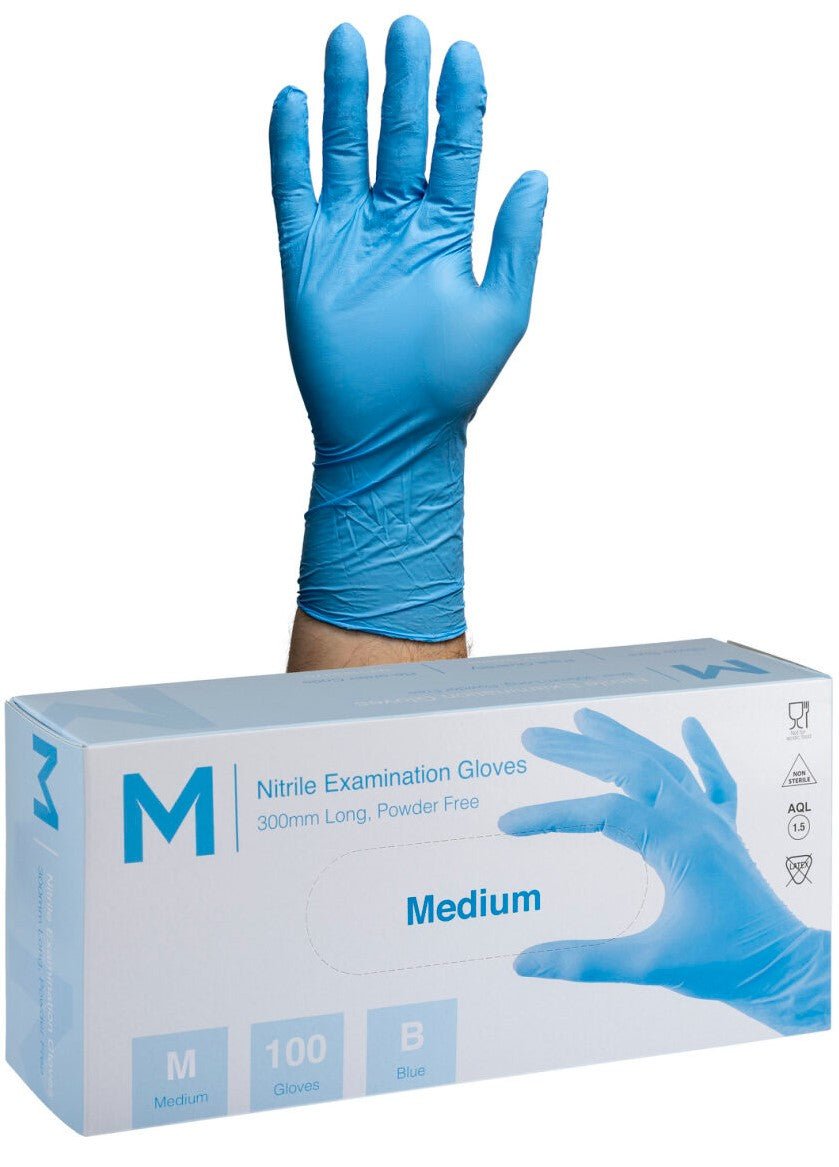Nitrile Long Cuff Examination Gloves Powder Free - Blue, M, 300mm Cuff, 6.0g - 1000 Gloves - Essential Supplies - Nitrile Examination Gloves