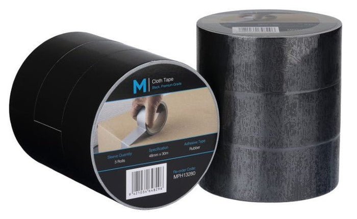 Premium Cloth Tape - Black, 48mm x 30m x 250mu - 36 Rolls - Essential Supplies - Cloth Tape