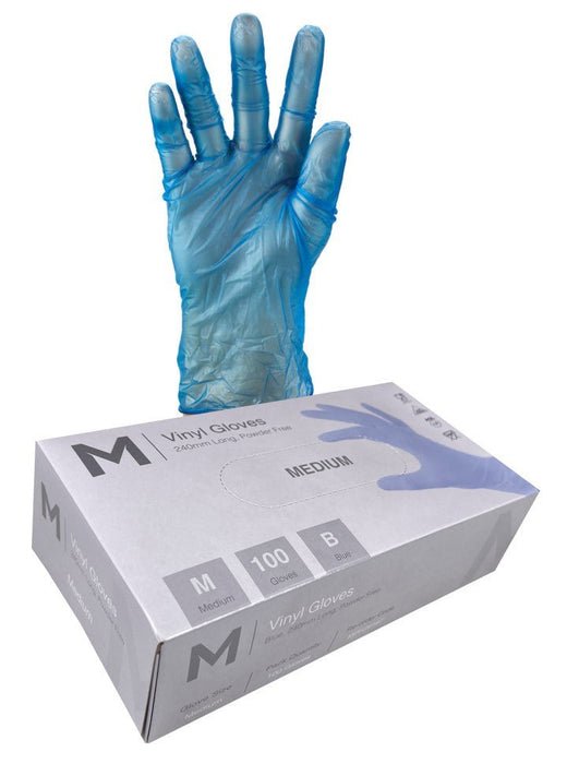 Vinyl Gloves Powder Free - Blue, M, 240mm Cuff, 5.0g - 1000 Gloves - Essential Supplies - Vinyl Gloves